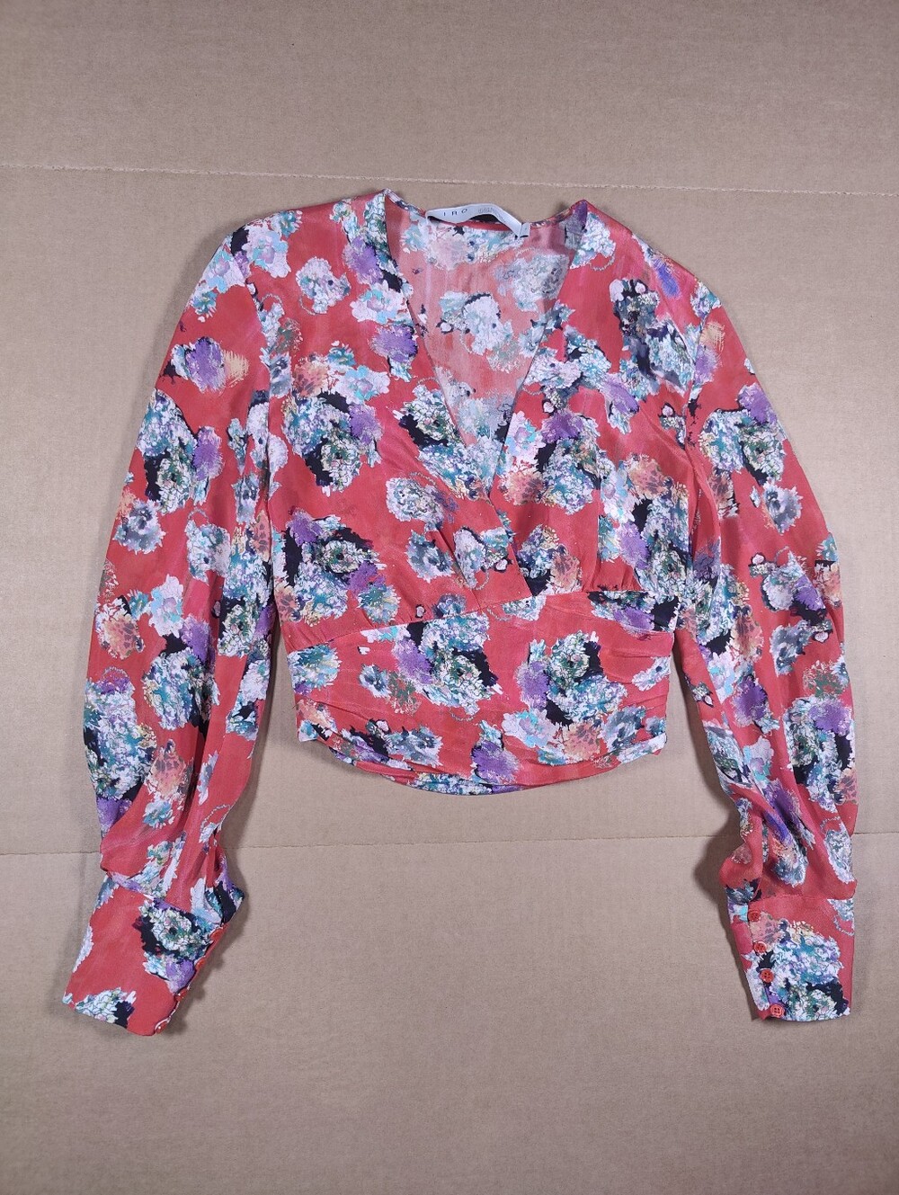 Iro Women's Red Floral 100% Silk Long Sleeve V Neck Blouse Size EU 34 US 2